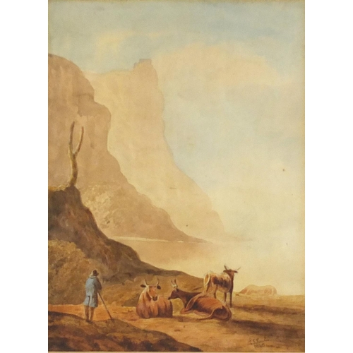 934 - John Skinner Prout 1848 - Shepherd with cattle beside water, 19th century watercolour and wash, moun... 