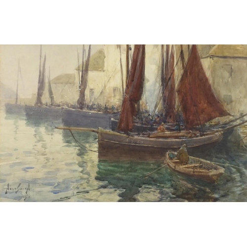 919 - Augustus Morton Hely-Smith 1911- Moored boats, watercolour, details verso mounted and framed, 44cm x... 