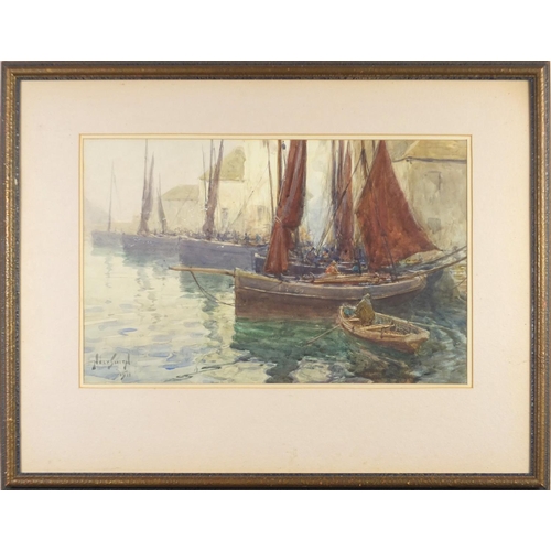 919 - Augustus Morton Hely-Smith 1911- Moored boats, watercolour, details verso mounted and framed, 44cm x... 