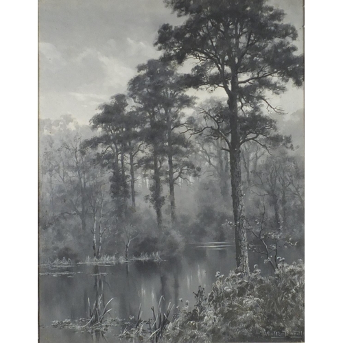 923 - Walter Boodle - Water through Woodland, oil on canvas, mounted and framed, 49.5cm x 38cm