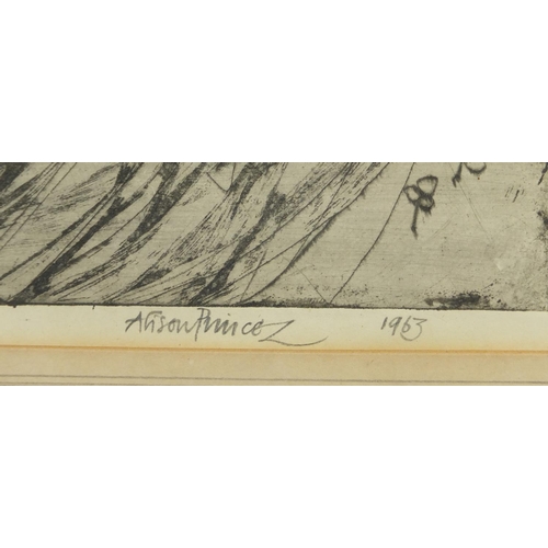 982 - Alison Prince 1963 - The tramp, pencil signed black and white etching, inscribed verso, mounted and ... 