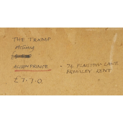 982 - Alison Prince 1963 - The tramp, pencil signed black and white etching, inscribed verso, mounted and ... 