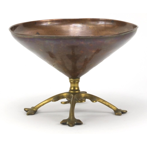 585 - Arts & crafts copper and brass centre piece by William Arthur Smith Benson, 14cm high x 20cm in diam... 