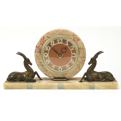 2306 - French Art Deco marble mantle clock mounted with two bronzed deer, 39.5cm wide