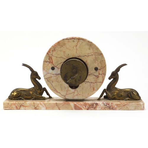 2306 - French Art Deco marble mantle clock mounted with two bronzed deer, 39.5cm wide