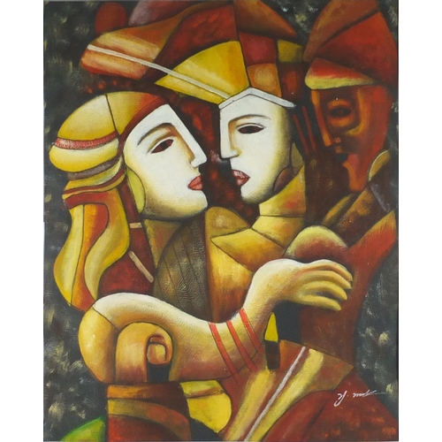 71 - Abstract Cubist figures embracing, oil, bearing indistinct signature, mounted and framed, 59cm x 48c... 