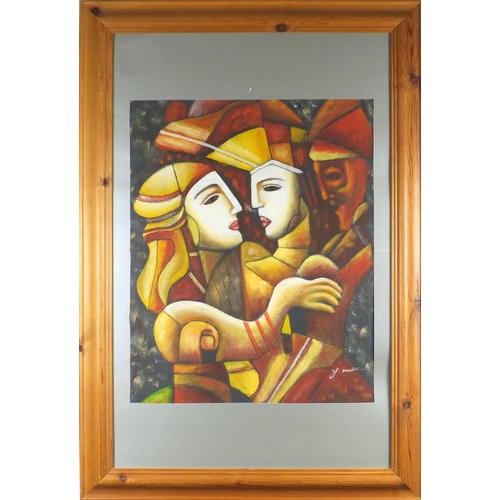 71 - Abstract Cubist figures embracing, oil, bearing indistinct signature, mounted and framed, 59cm x 48c... 