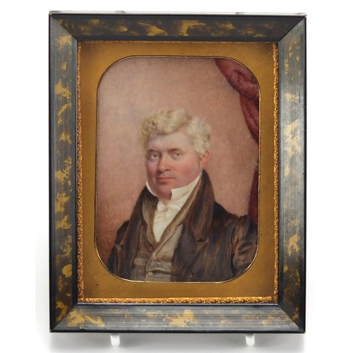 44 - 19th century rectangular hand painted portrait miniature of a Gentleman in formal dress, mounted and... 