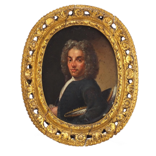 40 - 18th century oval portrait of a gentleman in formal dress, oil on copper, framed, 13cm x 10cm