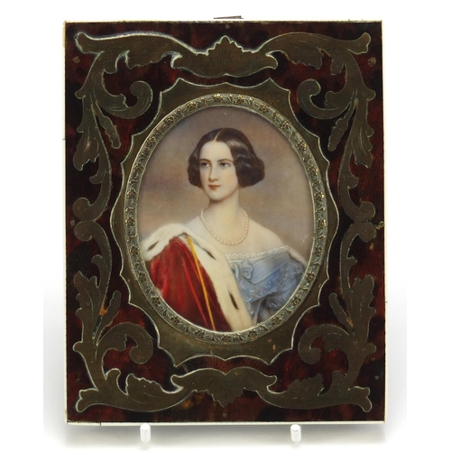 45 - Oval hand painted portrait miniature of a female wearing a pearl necklace, housed in a tortoiseshell... 
