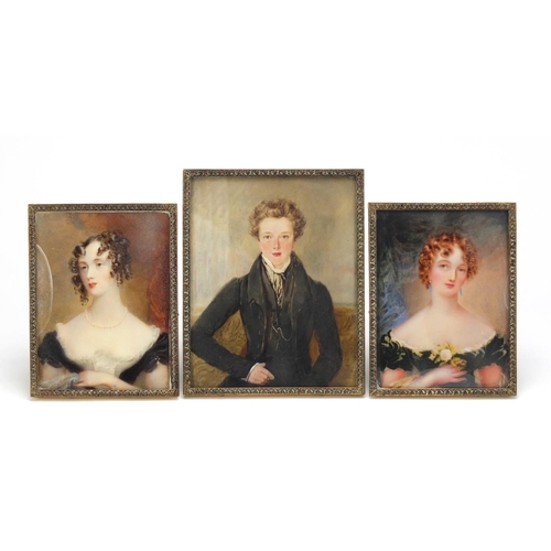 39 - Set of three 19th century hand painted family portrait miniatures comprising one of John Free (grand... 
