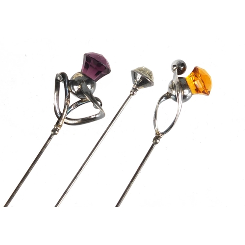 4 - Three Art Nouveau silver hat pins by Charles Horner, the amethyst example Chester 1912, the largest ... 