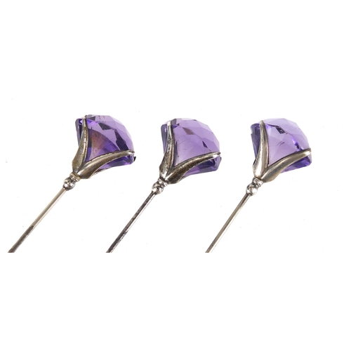 5 - Three matching Art Nouveau silver and amethyst hat pins by Charles Horner, Chester 1918, the largest... 