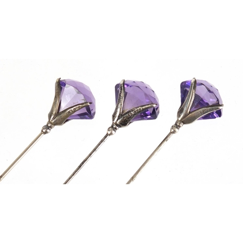 5 - Three matching Art Nouveau silver and amethyst hat pins by Charles Horner, Chester 1918, the largest... 