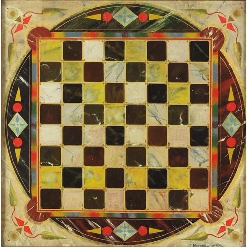 148 - 19th Century glass chess board by T Morrison, housed in a carved oak frame dated 1893, overall 66.5c... 