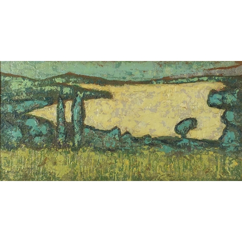 977 - Abstract composition of trees by water, bearing an indistinct signature possibly Andre Linux, oil on... 