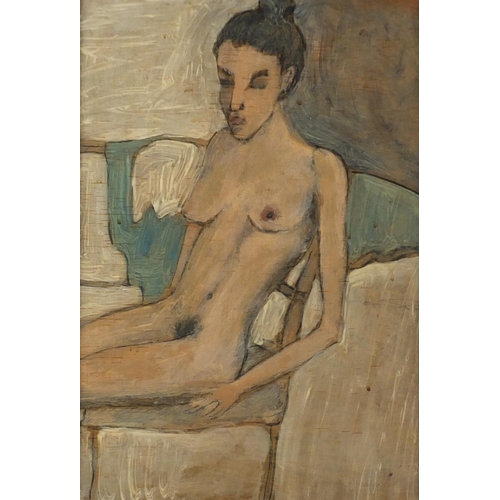 926 - Nude female seated in an interior, oil onto board, bearing inscriptions verso, framed, 41cm x 29.5cm