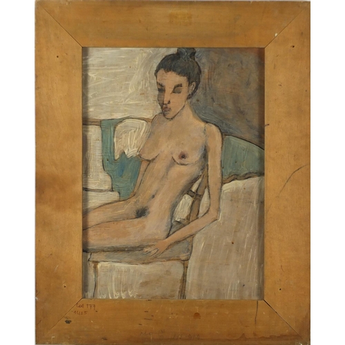 926 - Nude female seated in an interior, oil onto board, bearing inscriptions verso, framed, 41cm x 29.5cm