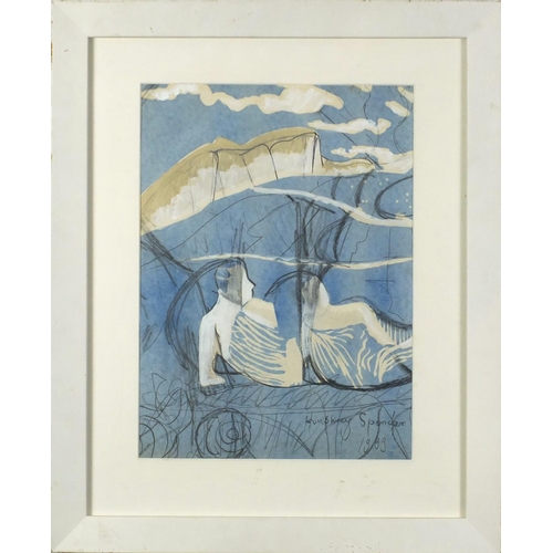 959 - Abstract composition, mixed media, figure in a landscape, bearing signature Humphrey Spender, mounte... 