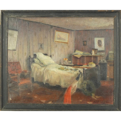 935 - Interior scene, oil onto canvas, bearing an indistinct signature and inscription verso, framed, 45cm... 