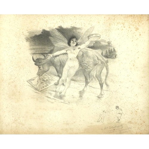 921 - Adolphe Willette - Nude female with a bull, French political cartoon, pencil, framed, 37.5cm x 29.5c... 