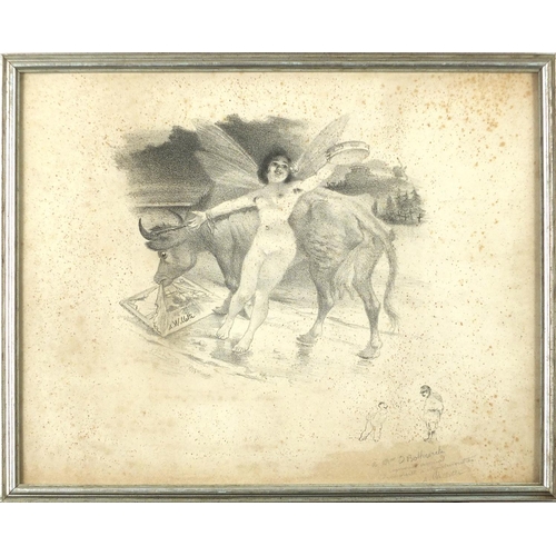 921 - Adolphe Willette - Nude female with a bull, French political cartoon, pencil, framed, 37.5cm x 29.5c... 