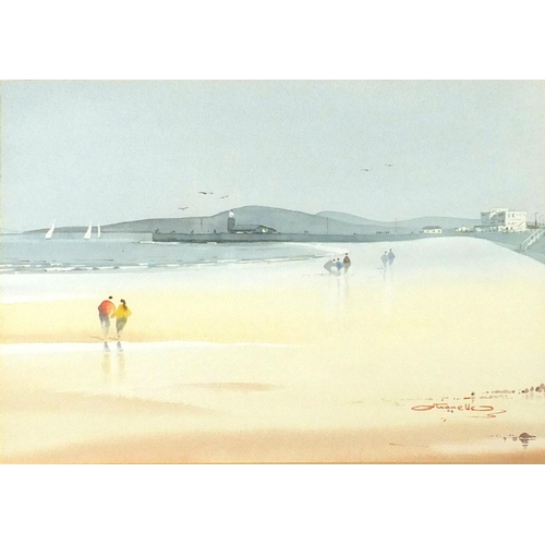 936 - M Ottonello - Stone Jetty and Midland Hotel, Morecambe, signed watercolour, mounted and framed, 32cm... 