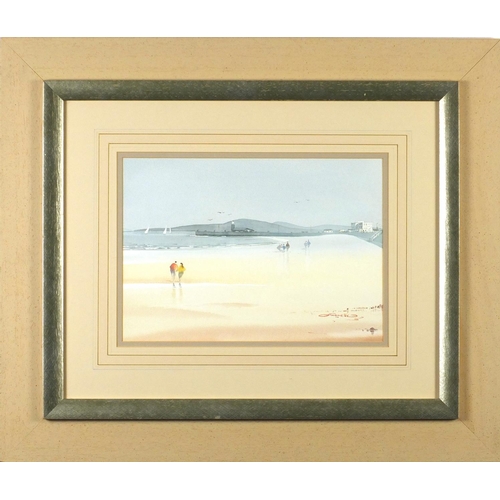 936 - M Ottonello - Stone Jetty and Midland Hotel, Morecambe, signed watercolour, mounted and framed, 32cm... 