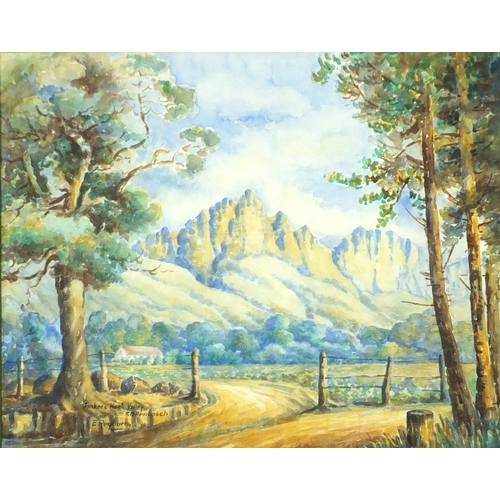 931 - Reyburn - Jonkers Hock Valley, Stellenbosch, signed watercolour, mounted and framed, 40cm x 32cm