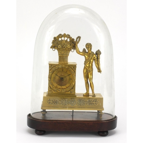 102 - 19th Century gilt metal figural mantel clock with Vergee movement, housed under a glass dome, 32.5cm... 