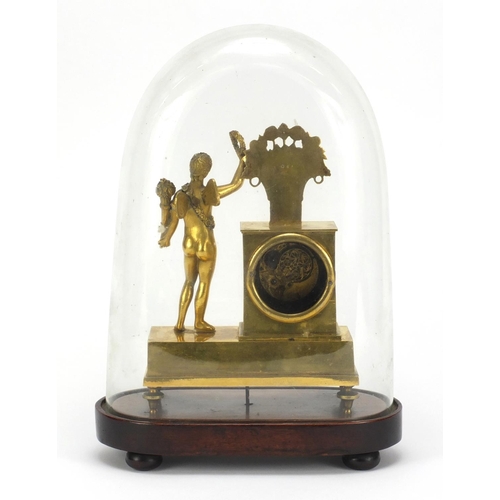 102 - 19th Century gilt metal figural mantel clock with Vergee movement, housed under a glass dome, 32.5cm... 