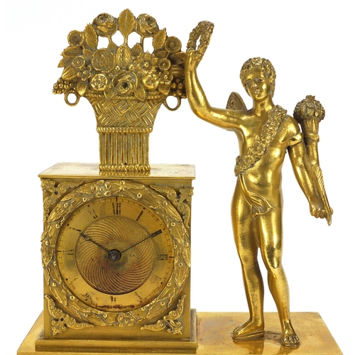 102 - 19th Century gilt metal figural mantel clock with Vergee movement, housed under a glass dome, 32.5cm... 