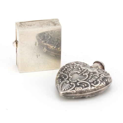 2459 - Silver love heart shaped scent bottle and rectangular silver pill box, the scent bottle 5cm high, 61... 