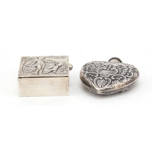 2459 - Silver love heart shaped scent bottle and rectangular silver pill box, the scent bottle 5cm high, 61... 