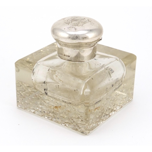 2492 - Heavy cut glass inkwell with hinged silver lid, Birmingham 1907, 10cm high