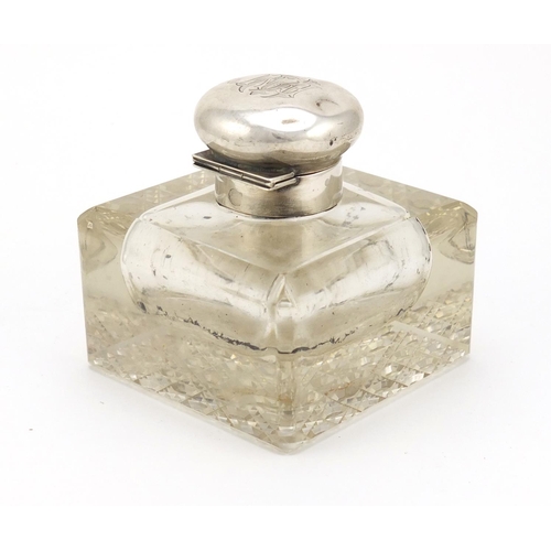 2492 - Heavy cut glass inkwell with hinged silver lid, Birmingham 1907, 10cm high