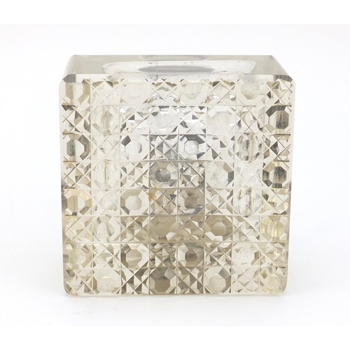 2492 - Heavy cut glass inkwell with hinged silver lid, Birmingham 1907, 10cm high