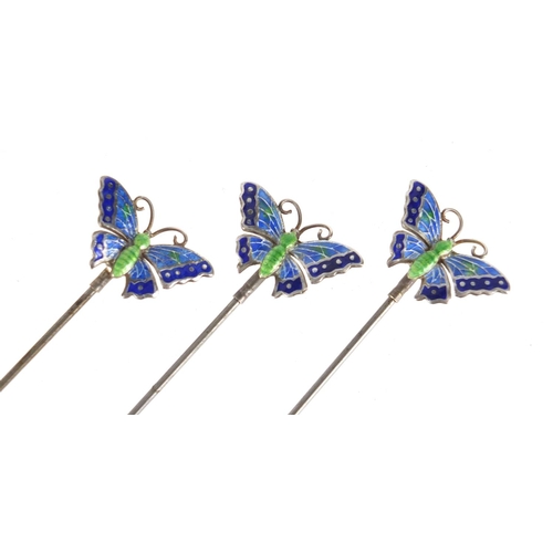 1 - Three matching Art Nouveau silver and enamel butterfly hat pins by Charles Horner, Chester 1910, the... 