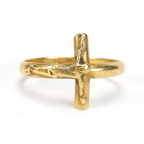 766 - Antique 18ct gold crucifix ring, marked 750, size Q, 4.0g