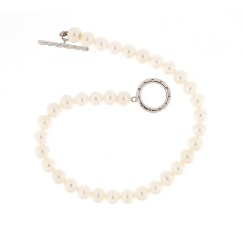 764 - Pearl bracelet with 9ct white gold and diamond clasp, 18cm in length, 8.0g