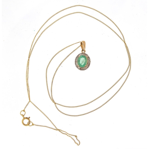 760 - 9ct gold emerald and diamond pendant on a 9ct gold necklace, the pendant 1.5cm in length, 1.0g