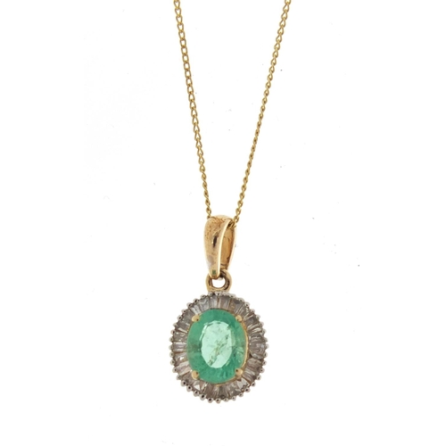 760 - 9ct gold emerald and diamond pendant on a 9ct gold necklace, the pendant 1.5cm in length, 1.0g