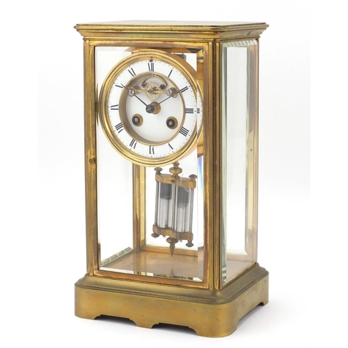 108 - 19th century French brass cased four glass mantle clock with a Brocot escapement and enamelled dial,... 