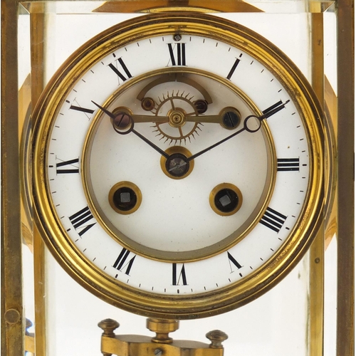 108 - 19th century French brass cased four glass mantle clock with a Brocot escapement and enamelled dial,... 