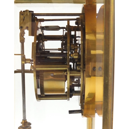 108 - 19th century French brass cased four glass mantle clock with a Brocot escapement and enamelled dial,... 