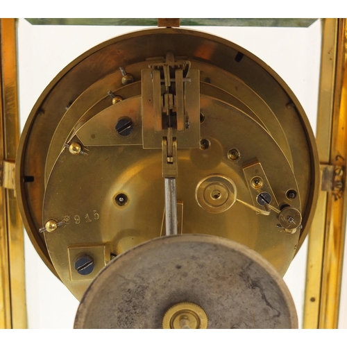 108 - 19th century French brass cased four glass mantle clock with a Brocot escapement and enamelled dial,... 