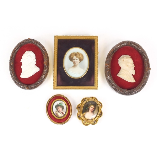 2462 - Five portrait miniatures including one onto porcelain of a young girl housed in a brooch mount and a... 