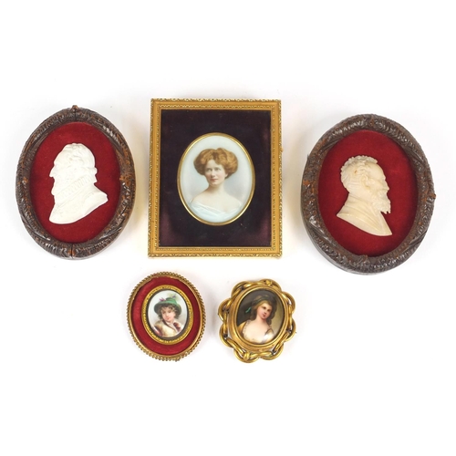 2462 - Five portrait miniatures including one onto porcelain of a young girl housed in a brooch mount and a... 