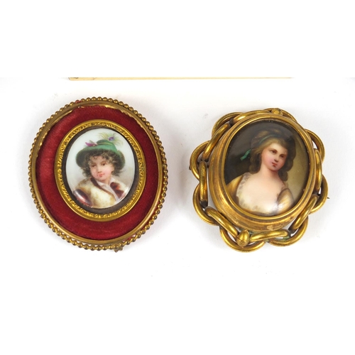 2462 - Five portrait miniatures including one onto porcelain of a young girl housed in a brooch mount and a... 