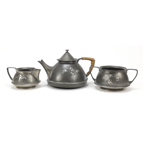 582 - Arts & Crafts Liberty & Co Tudric pewter three piece tea designed by Archibald Knox, impressed marks... 